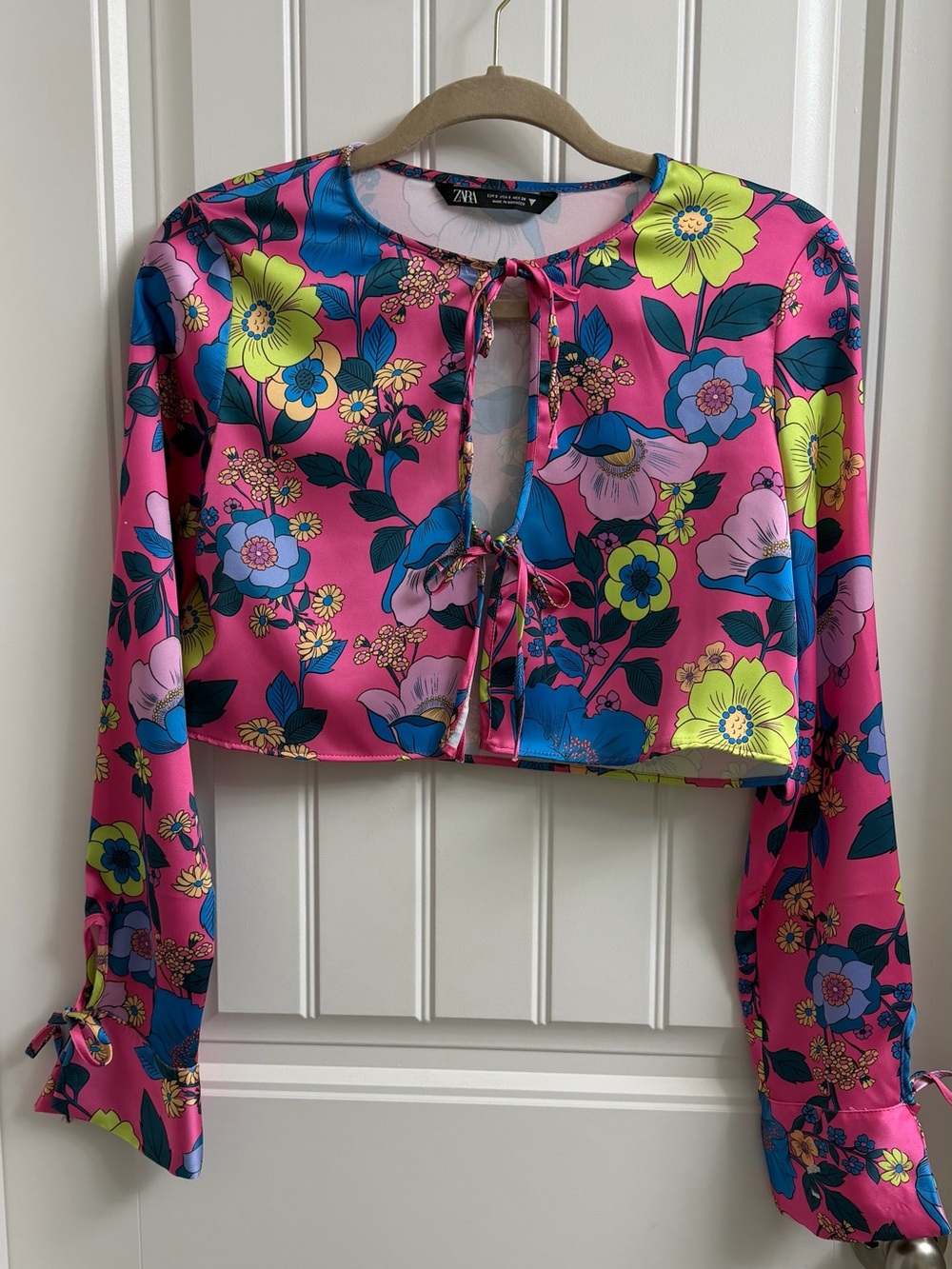 Zara Pink and Teal Floral Tie-Front Blouse